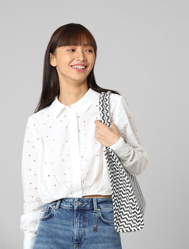 White Embroidered Cropped Shirt