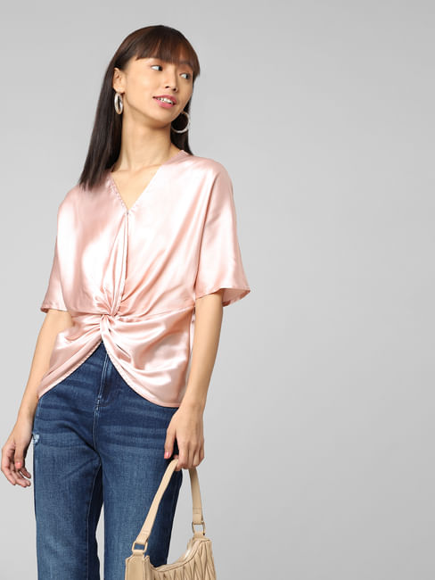 Pink Twisted-Knot Satin Top