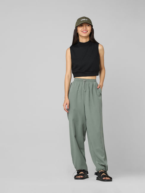Green Mid Rise Relaxed Fit Twill Joggers