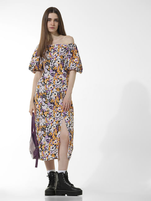 Lavender Floral Print Midi Dress