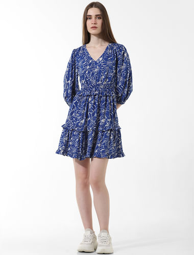 Blue Floral Print Short Dress
