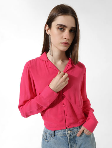 Pink Cropped Crinkled Shirt
