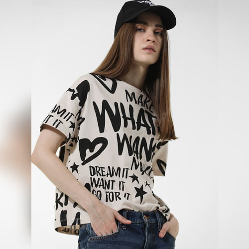 

ONLY Beige Printed Print Boxy Fit T-shirt