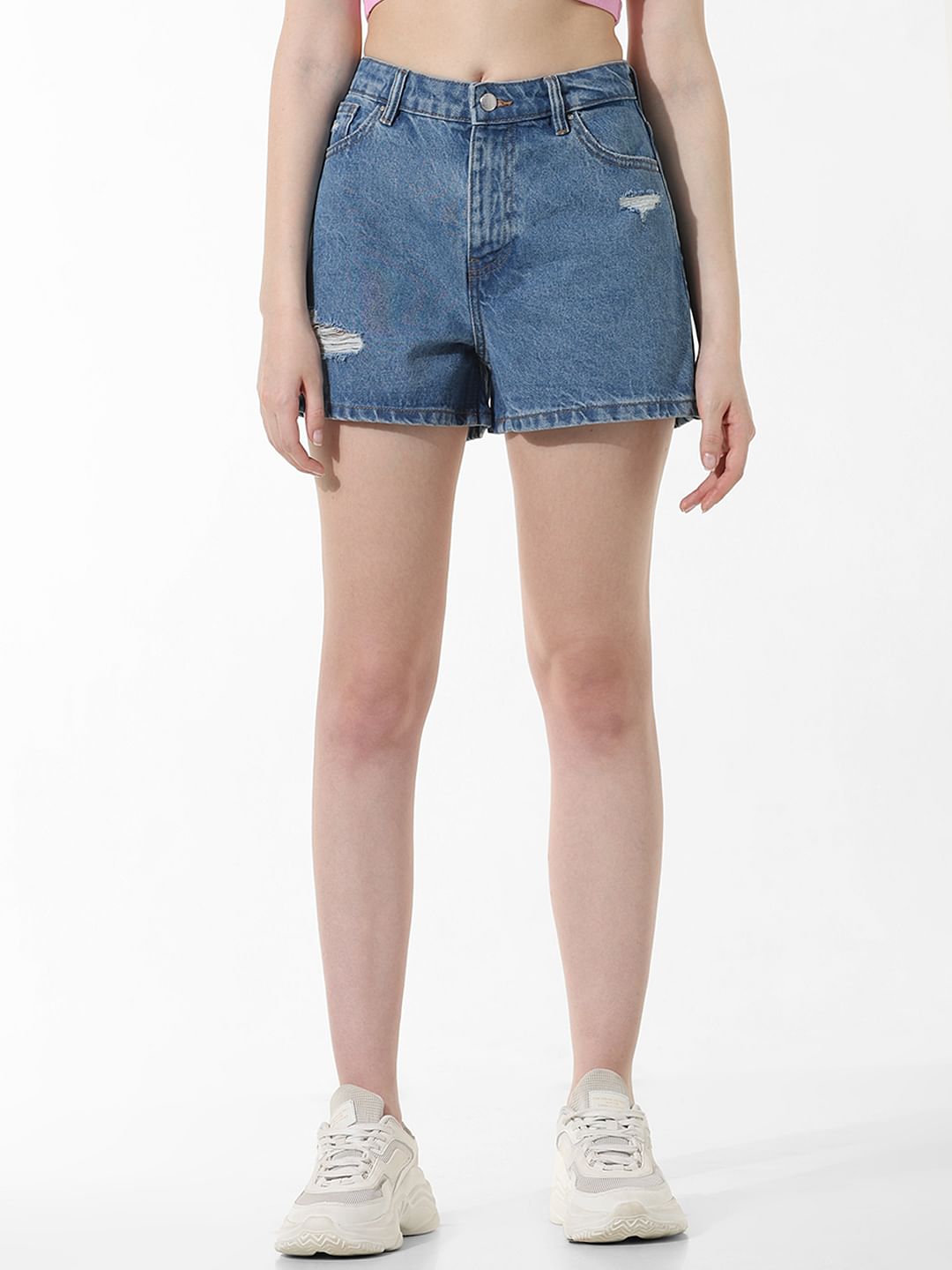 High waisted distressed jean shorts on sale