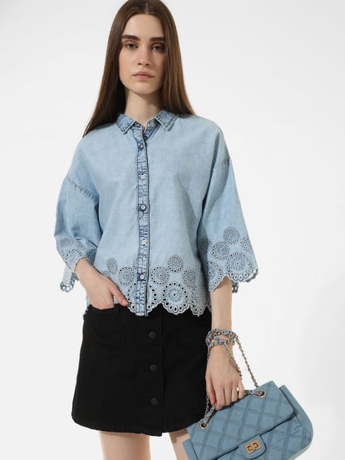 Light Blue Embroidered Denim Shirt