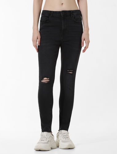Black High Rise Distressed Skinny Jeans