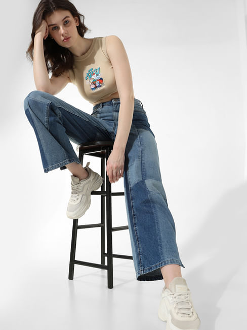 Light Blue High Rise Patchwork Straight Fit Jeans