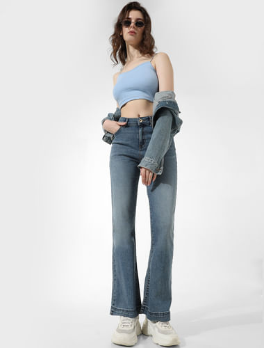 Blue High Rise Loose Flared Jeans