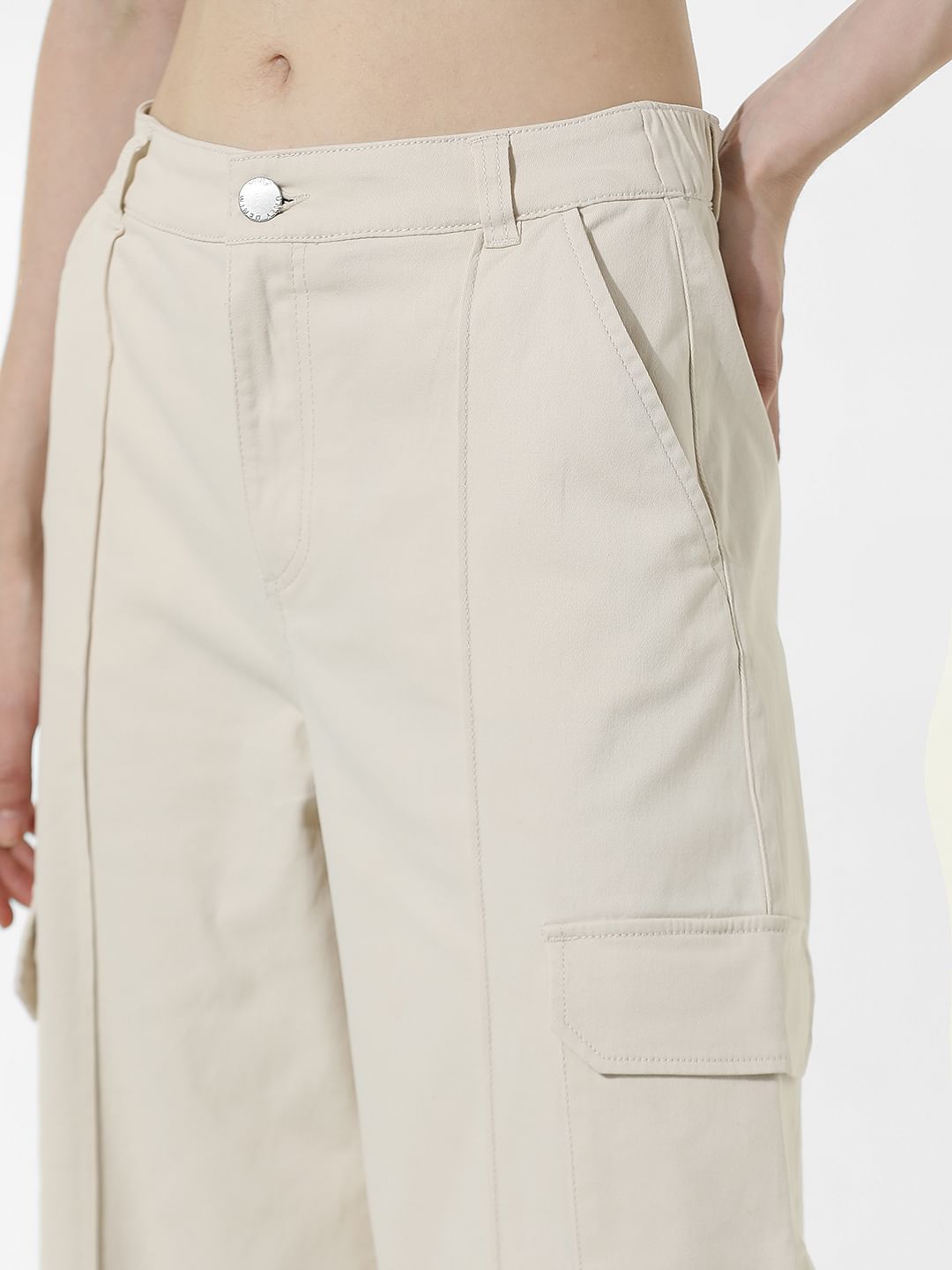 Cream High Rise Cargo Pants