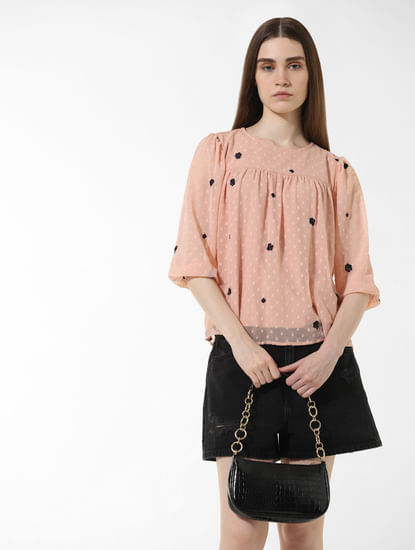 Pink Embroidered Flared Top