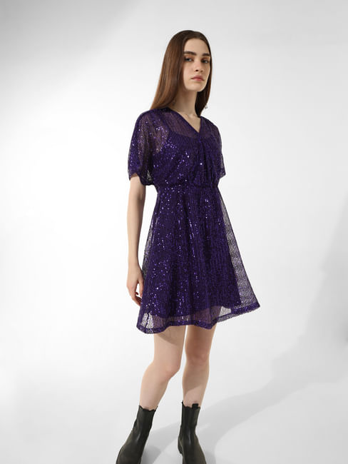 Purple Sequin Mesh Wrap Dress