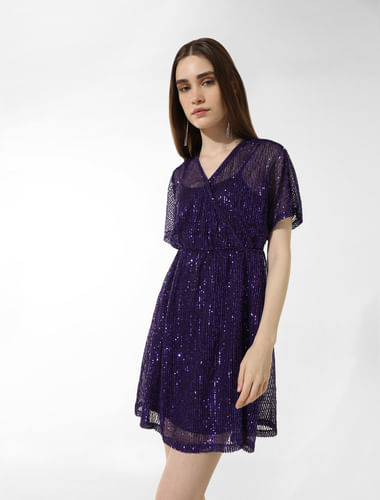 Purple Sequin Mesh Wrap Dress