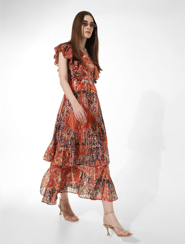 Brown Abstract Print Maxi Dress