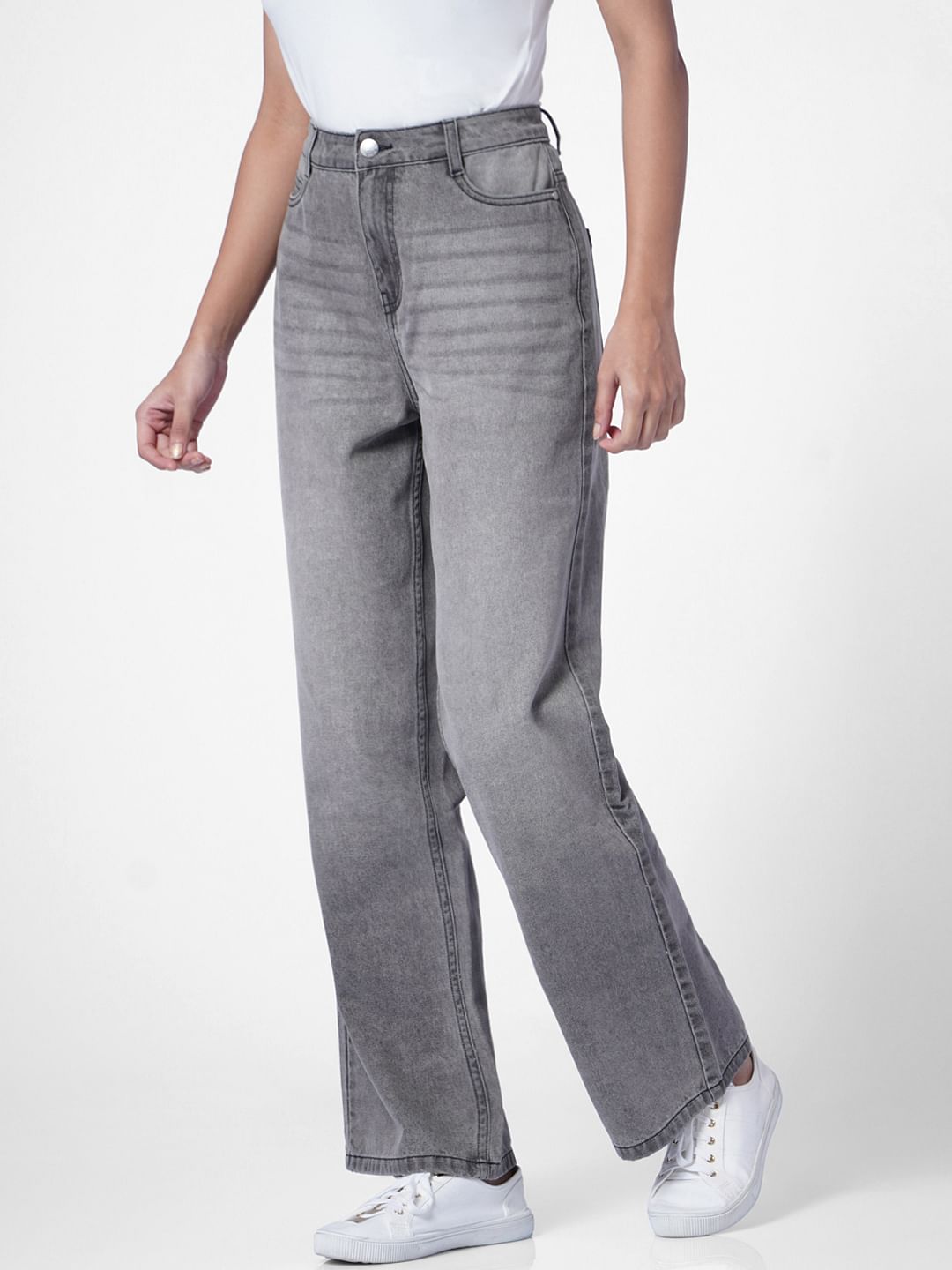 Grey High Rise Wide Leg Jeans