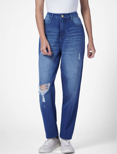 Blue Mid Rise Balloon Fit Cargo Jeans