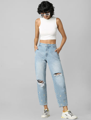 Blue High Rise Distressed Carrot Fit Jeans