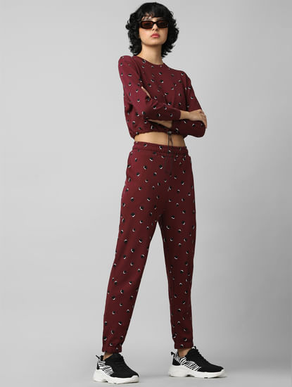 Maroon Mid Rise Printed Co-ord Joggers