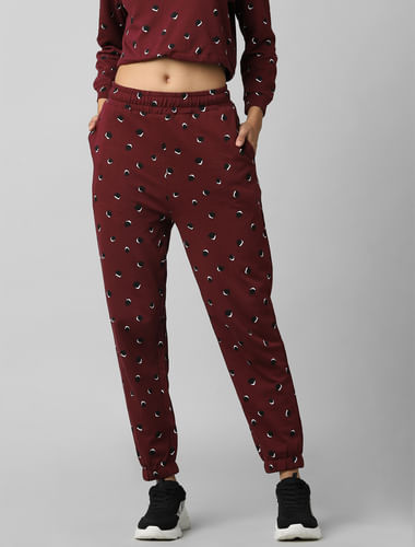 Maroon Mid Rise Printed Co-ord Joggers