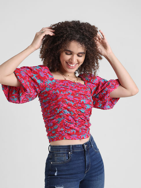 Red Floral Puff-Sleeves Top