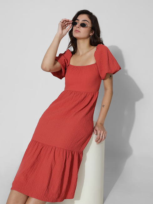 Red Textured Smocked Midi Dress