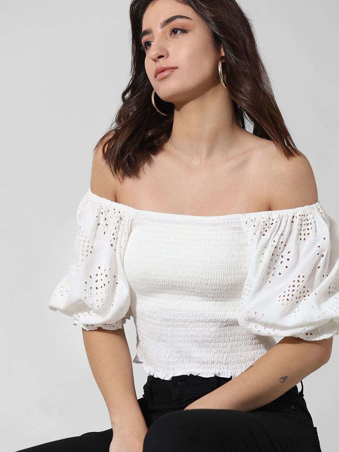 White Smocked Off Shoulder Top