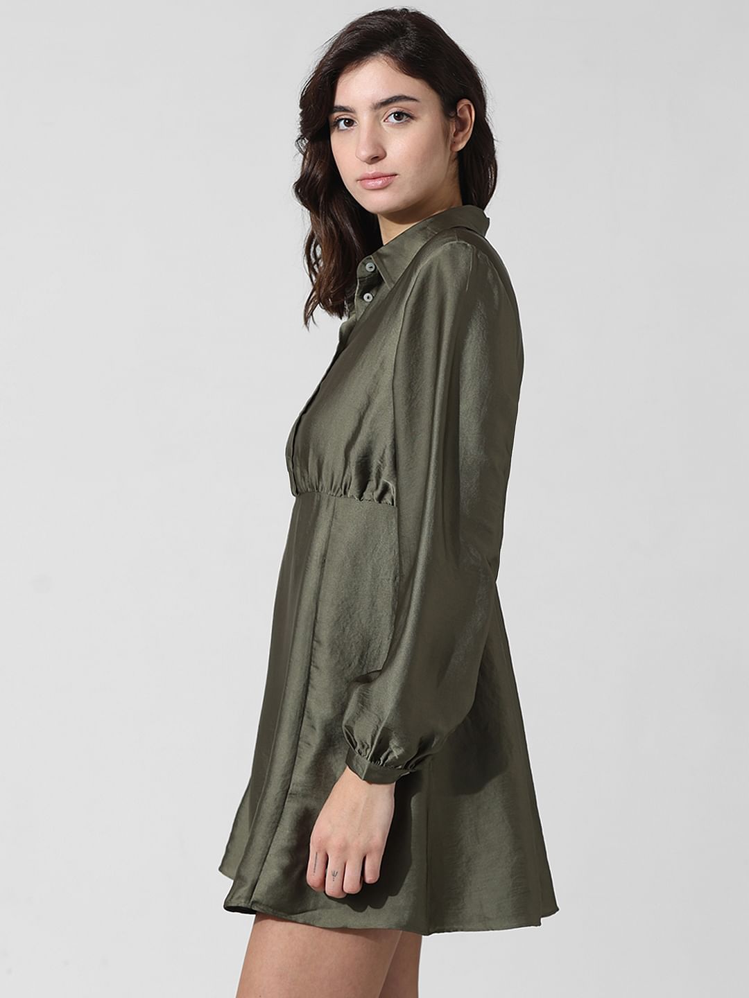 Dark Green Satin Shirt Dress