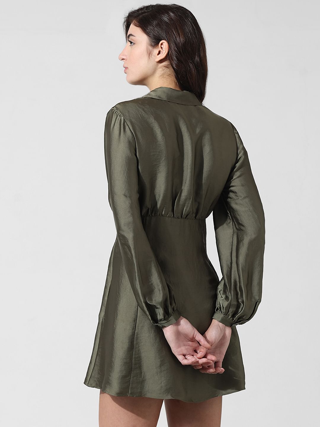 Dark Green Satin Shirt Dress