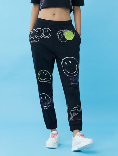 Only X Smiley   Mid Rise Black Co-ord Joggers