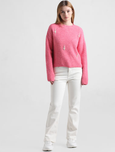 Pink Beaded Ribbed Pullover