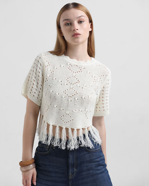 White Fringe Knit Textured Top