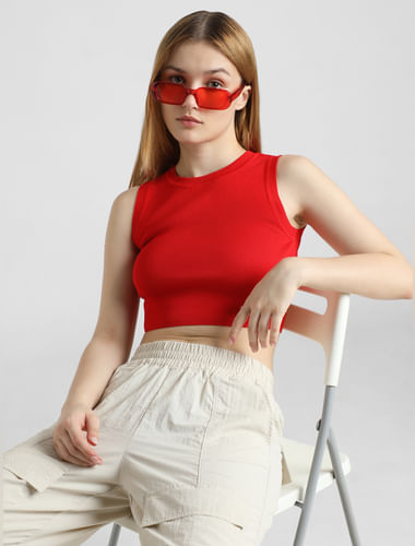Red Cropped Knit Top