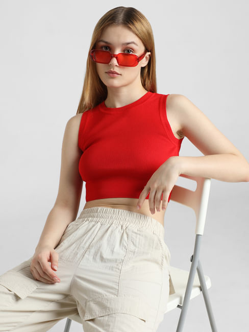 Red Cropped Knit Top