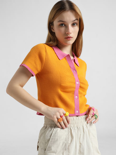 Orange Colourblocked Knit Polo Shirt