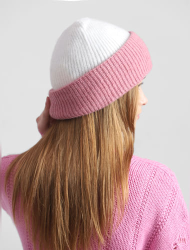 Pink Colourblocked Rib-Knit Beanie