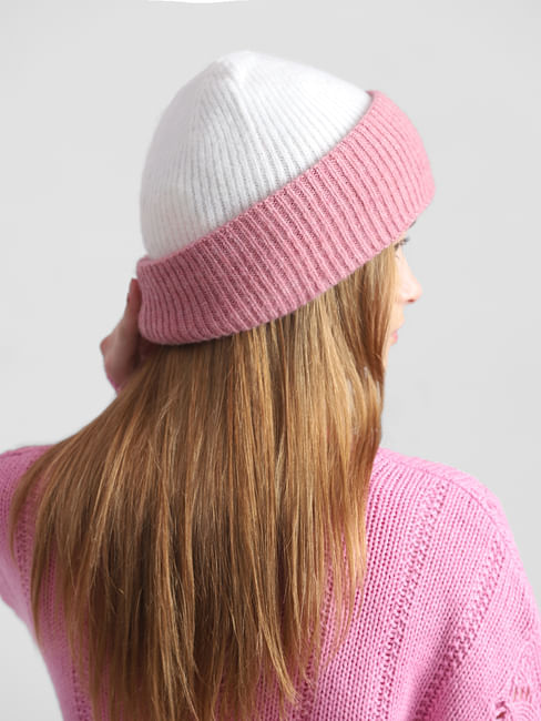 Pink Colourblocked Rib-Knit Beanie