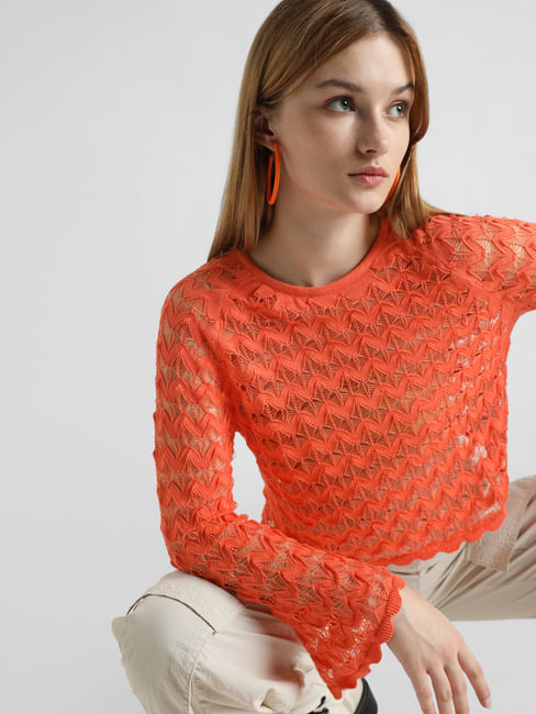 Orange Sheer Knit Pullover