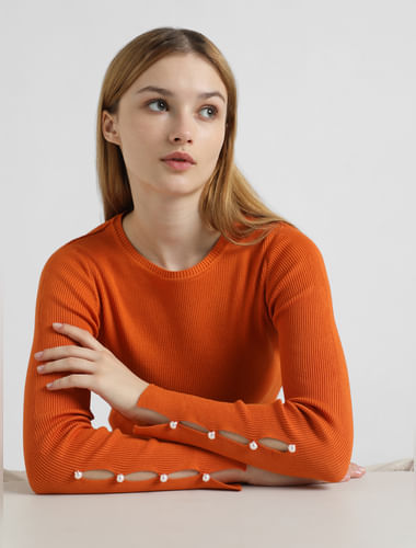 Orange Ribbed Knit Top