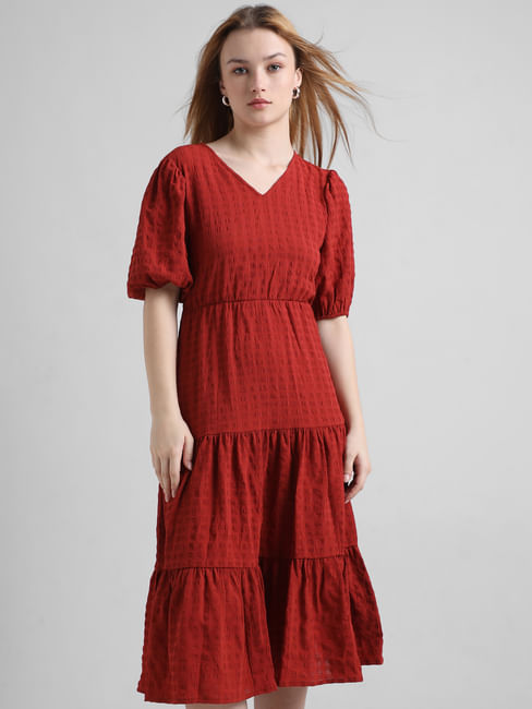 Red Textured Tiered Midi Dress