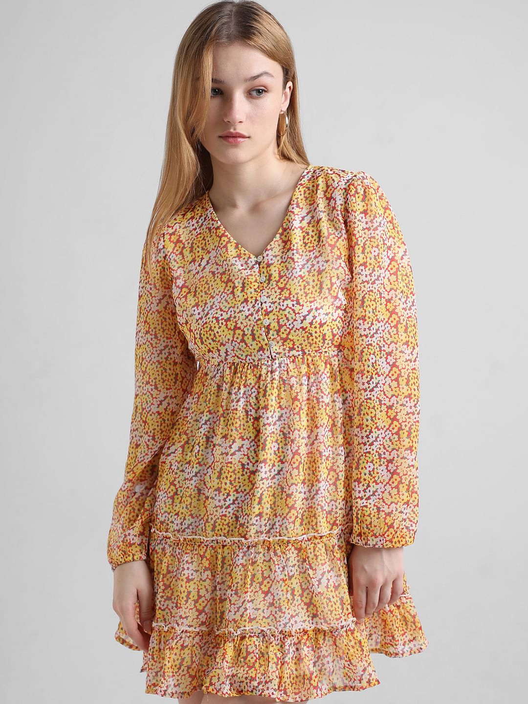 Yellow floral hot sale chiffon dress