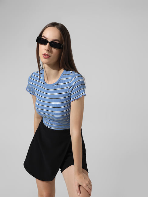 Blue Striped Ribbed Top