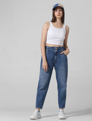 Blue High Rise Low Distress Carrot Fit Jeans