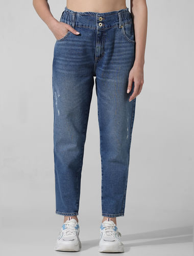 Blue High Rise Low Distress Carrot Fit Jeans
