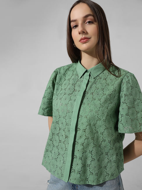 Green Schiffli Cotton Shirt