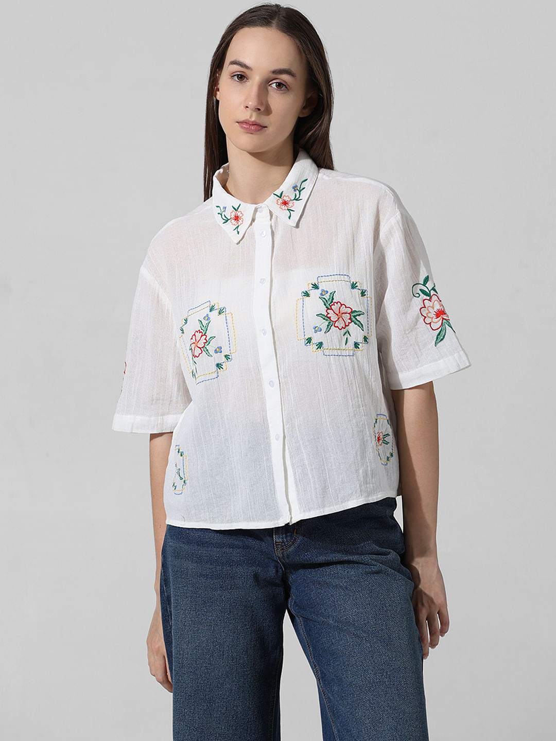 Vyshyta Store Linen popular Button Down Shirt White Floral Embroidered Top Women’s M