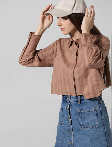 Brown Dobby Cropped Shirt