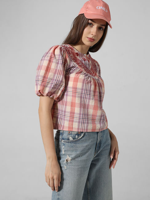 Pink Check Embroidered Top