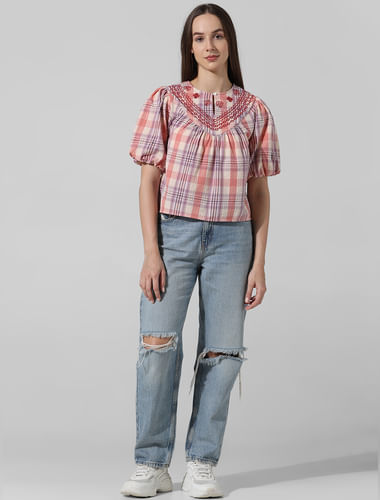 Pink Check Embroidered Top