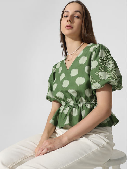 Green Abstract Print Embroidered Top