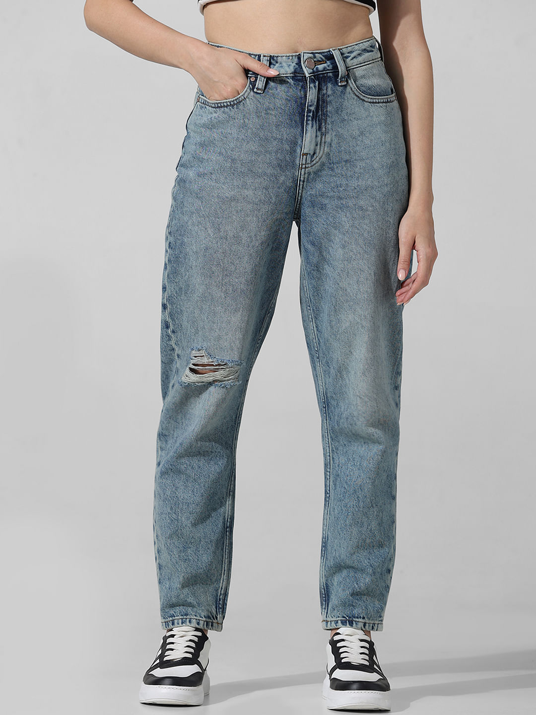 Light Blue High Rise Distressed Carrot Fit Jeans