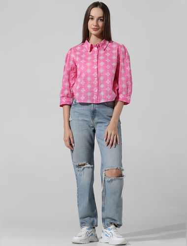 Pink Abstract Print Schiffli Shirt